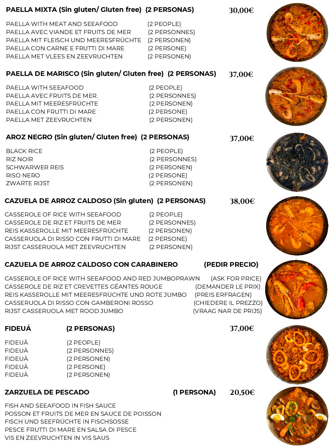Paellas de la Paella Torremolinos - Carta Paellas de la Paella Torremolinos - Carta