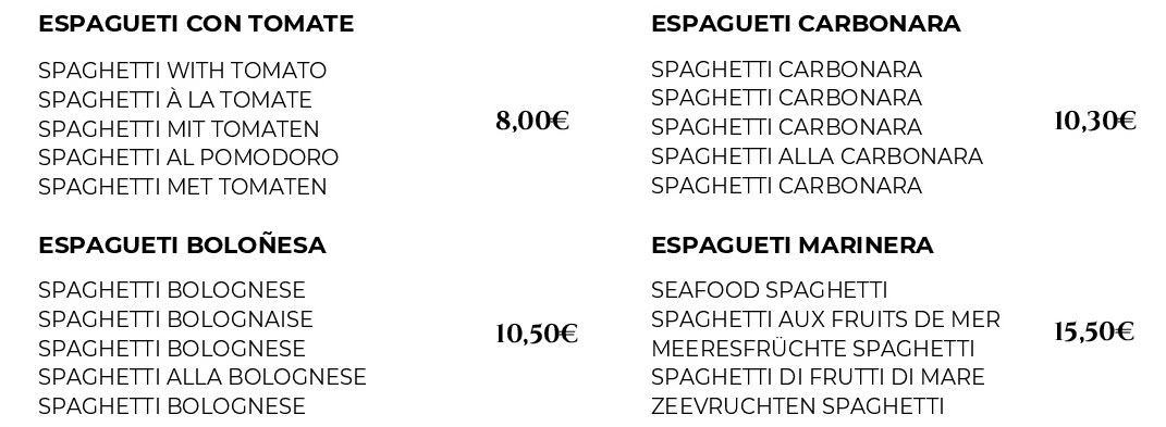 Pastas de la Paella Torremolinos - Carta Pastas de la Paella Torremolinos - Carta
