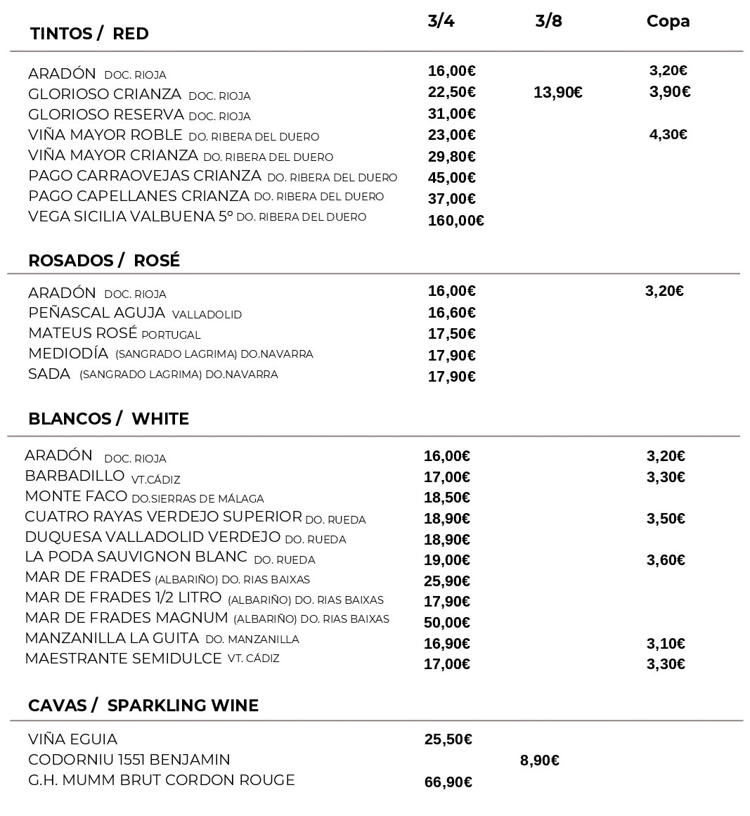 Vinos de la Paella Torremolinos - Carta Vinos de la Paella Torremolinos - Carta