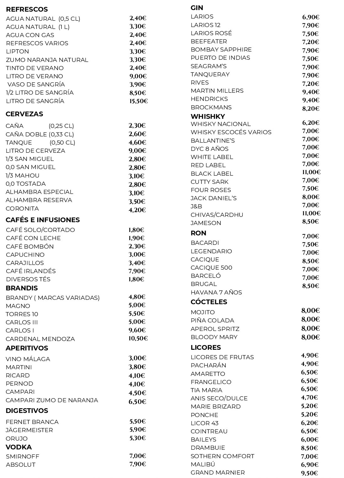 Bebidas, aguas, refrescos, combinados de la Paella  Bebidas, aguas, refrescos, combinados de la Paella Torremolinos - Carta